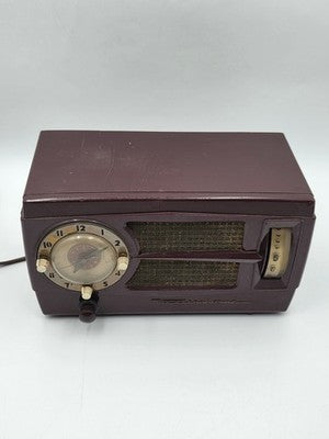Vintage 1950s Westinghouse H-355T5 Tube Radio Telechron Alarm Clock Maroon. Read