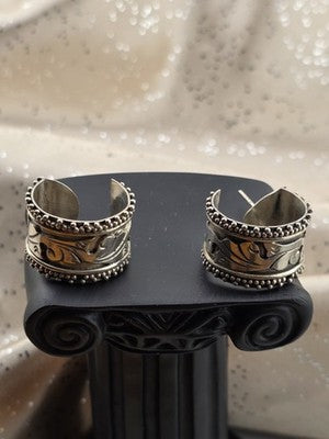 Rare Vintage Sterling 925 Wide Hoop Earrings Floral Scroll Beaded Navajo Style.