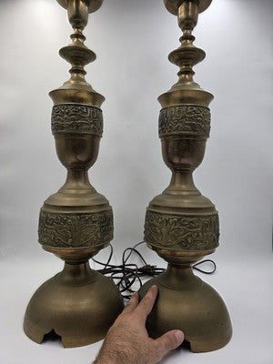 Vintage 1950's Brass Table Lamp Pair James Mont Style Mid Century Modern Etched.