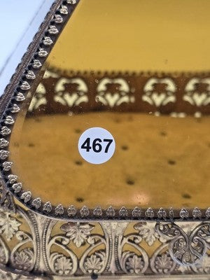 Antique Ornate Gilt Ormolu Vanity Set Amber Glass Jewelry Casket Mirror Brush