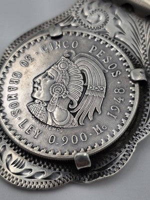 Rare OOAK Sterling Silver Money Clip w 1948 Mexico 5 Pesos Cuauhtemoc Coin 59.4g