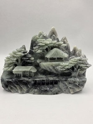 Vtg 11" Old Chinese Dushan Jade Carving Mountain Water Pine Tree Ship Sculpture