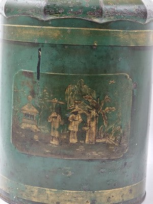 ULTRA RARE 19TH C. HAND PAINTED ENGLISH CHINOISERIE GREEN TOLE TEA CANISTER LAMP