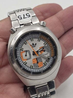 Rare Vtg Adidas 10-0277 Bullhead Chronograph Orange Dial 43mm Japan Quartz Works