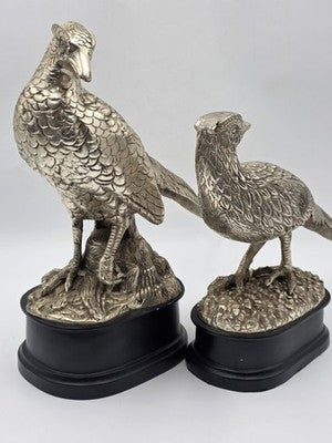 Vintage Pair XL Castilian Brass Pheasant Sculptures Cock Hen on Base 14 inch.