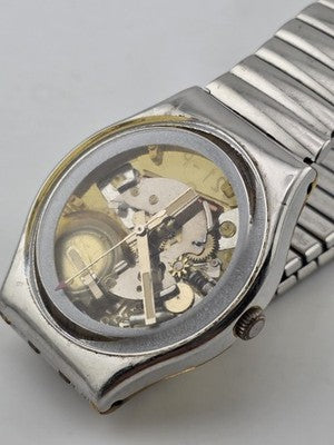 Vintage 1980's Swatch Skeleton Quartz Swiss Watch Expandable Band Runs. New Bat.