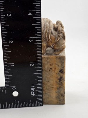 ANTIQUE CHINESE FOO DOG & SEAL SOAP STONE CARVED PILLAR STATUE ART DECOR DESIGN