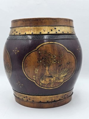 Antique Asian Hand Painted Rice Barrel Wooden Lidded Storage Bucket Bird Pagoda