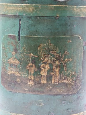 ULTRA RARE 19TH C. HAND PAINTED ENGLISH CHINOISERIE GREEN TOLE TEA CANISTER LAMP