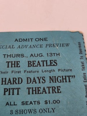 Rare 1964 Beatles A Hard Days Night Movie Premiere Ticket Pitt Theatre Stub