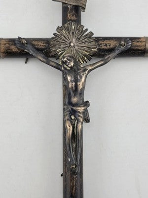 Antique 19th C Crucifix Metal Jesus On Wood Cross W Rare Tips Memento Mori Skull