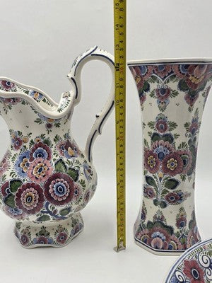 Rare Signed Vintage Delft Holland Hand Painted Polychrome Pottery Set