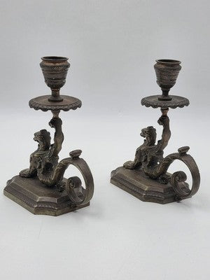 Antique Pair Solid Bronze Griffin Candlesticks Renaissance Revival Winged Lions
