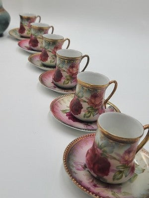 Antique 19th C C.S. Prussia Handpainted Demitasse Set 6 Cups Saucers Coffee Pot