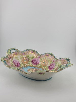 1910's Victorian German Porcelain Handled Bowl Raised Gold &Roses RS Style 11.5"