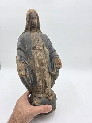 Antique 18th C Spanish Colonial Hand-Carved Virgin Mary Statue Polychrome Wood