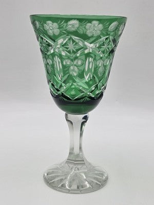 Set Of 4 Vintage Bohemian Czech Emerald Green Cut Crystal Wine Goblets. 7.75".