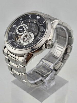 Bulova BVA 21-Jewels Skeleton Dial Men's Watch 96A119 Stainless Steel. Working.