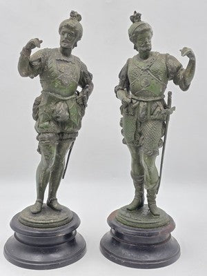 Rare Pair Of Antique Detailed Spelter Statues of Spanish Conquistadors. 15".