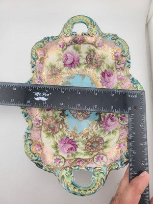 1910's Victorian German Porcelain Handled Bowl Raised Gold &Roses RS Style 11.5"