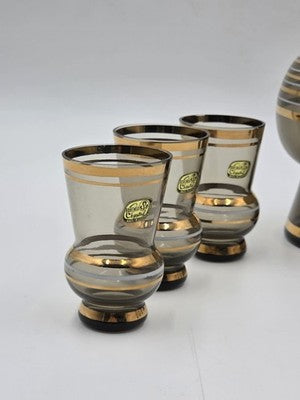 Vintage Amber Bohemia Crystal Decanter Set 6 Glasses Gold Trim Czechoslovkia New