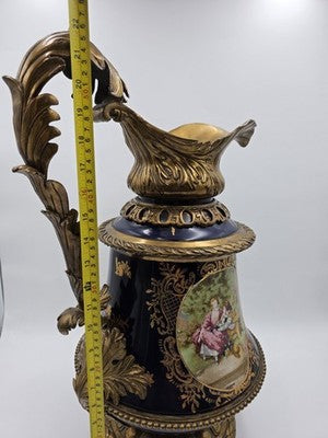 Antique French Cobalt Blue Porcelain &Brass Ewer Fragonard Scene Gilt Bronze 23"