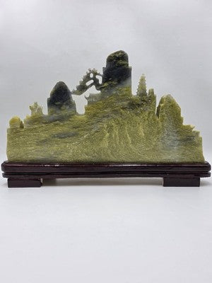 Huge 20.5" China Natural Yellow Green Xiu Jade Carved Mountain House Tree Statue
