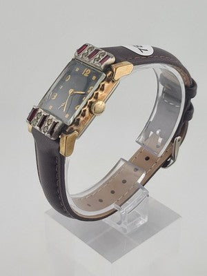 Vintage 1940's Lucerne 17J Art Deco Rectangular Rhinestone Ruby Swiss Watch