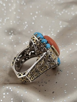 Rare 925 Sterling Silver Coral Turquoise Filigree Statement Ring Artisan Size 9