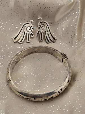 Aztec Style Mexican 925 Sterling Silver Animal Hinged Bracelet & Earrings Set
