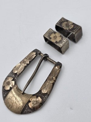 Antique K.W. Driskell Sterling Silver 10K Solid Gold Overlay Belt Buckle & Slide