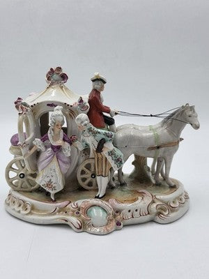 Vintage German Porcelain Cinderella Coach Carriage Figurine Horses Rococo Couple