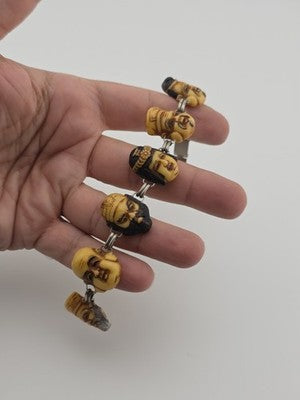 Antique Japanese Figural Face Bracelet Carved Bon Seven Gods Meiji Era. Signed.
