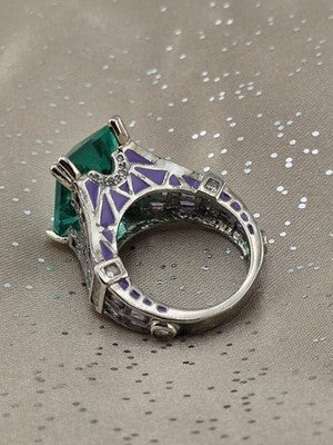 Vtg Paris Eiffel Tower Style Green Stone Purple Enamel Statement Cocktail Ring