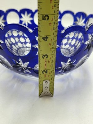 Rare Vintage Bohemian Hand Cut Crystal Glass Blue to Clear bowl SIGNED 8.75”