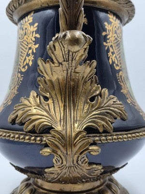 Antique French Cobalt Blue Porcelain &Brass Ewer Fragonard Scene Gilt Bronze 23"