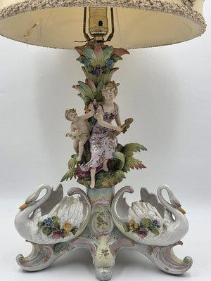 Rare Antique German Dresden Porcelain Figural Lamp Lady Cherub Swans 29"
