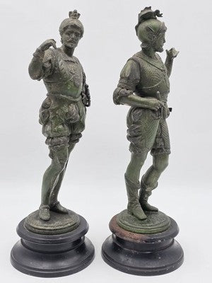 Rare Pair Of Antique Detailed Spelter Statues of Spanish Conquistadors. 15".