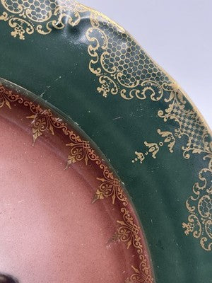 Rare Pair Of Antique 19th C Prussian Portrait Plate Green & gold Hand Painted