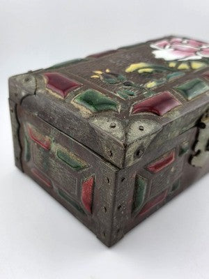 RARE ANTIQUE JAPANESE COPPER  BRASS-BOUND JEWELRY BOX W RAISED ENAMEL DECO MEIJI