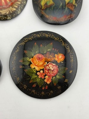 Rare Set Of 5 Vintage Hand Painted Brooch Pins Black Lacquer Russian Folk Art
