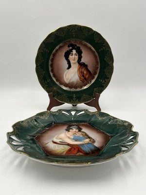 Rare Pair Of Antique 19th C Prussian Portrait Plate Green & gold Hand Painted
