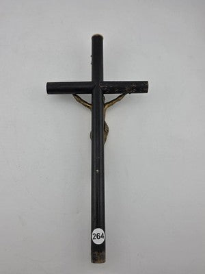 Rare Antique 19th C Crucifix Metal Jesus On Wood Cross W Rare Tips Memento.
