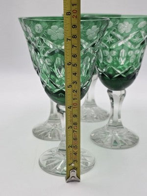 Set Of 4 Vintage Bohemian Czech Emerald Green Cut Crystal Wine Goblets. 7.75".