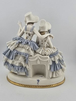 Antique Sitzendorf Dresden Lace Figurine 2 Victorian Ladies Germany Porcelain