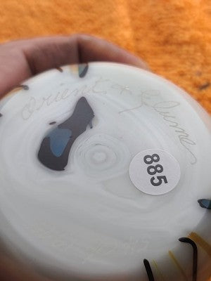 VINTAGE ORIENT & FLUME STUDIO ART GLASS PAPERWEIGHT PEARL + 3 BLUE FLOWERS 1975