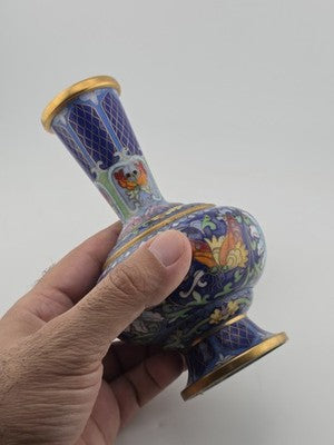 Rare Vintage Chinese Cloisonne Enamel Butterfly Floral Vase w Wood Stand Blue