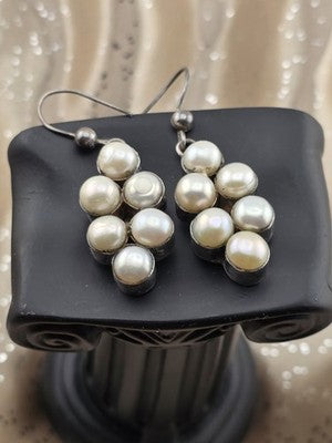 Vintage 925 Sterling Silver Cultured Pearl Cluster Dangle Earrings Pair. 1.5"