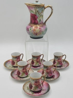Antique 19th C C.S. Prussia Handpainted Demitasse Set 6 Cups Saucers Coffee Pot