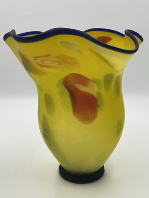 Azerbaijan Glassware Hand Blown Frosted Art Glass Vase Multicolor Wavy Rim Decor